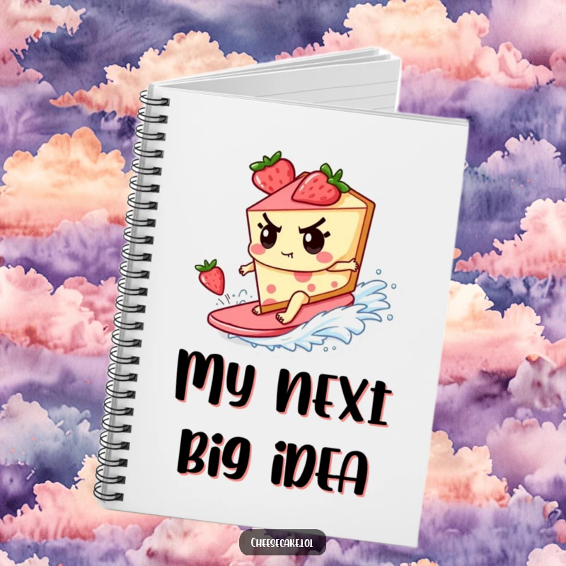 Funny Notebook featuring a determined cheesecake character surfing a strawberry wave, perfect for recording epic ideas and plans.