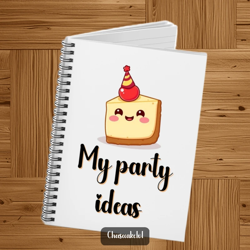 Funny cheesecake slice notebook cover, featuring a happy dessert wearing a cherry party hat, perfect for jotting down joyful thoughts.