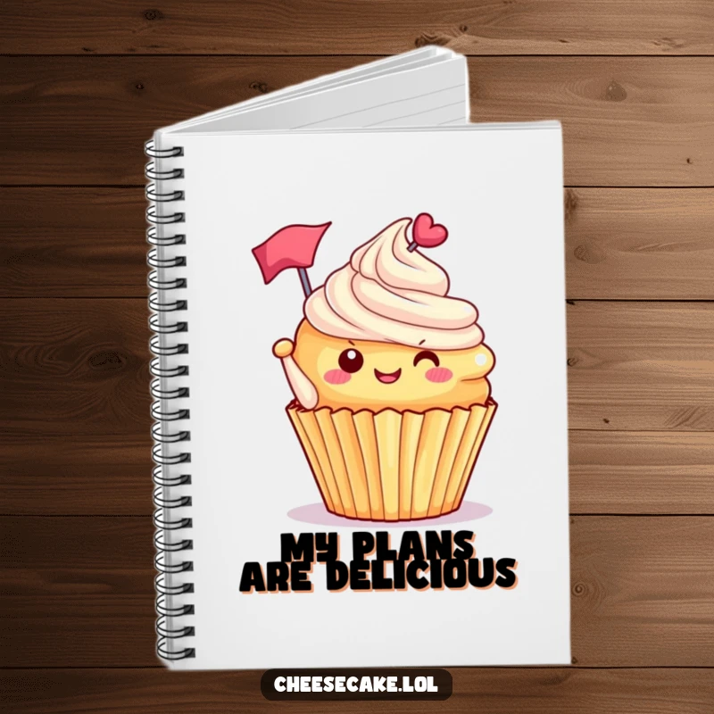 Funny delighted cupcake with frosting tipped, waving a tiny flag, a humorous and practical notebook for capturing sweet thoughts.