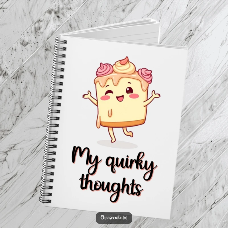 Funny cheesecake dancing notebook with a frosting-covered cheesecake character doing a silly dance on the cover.