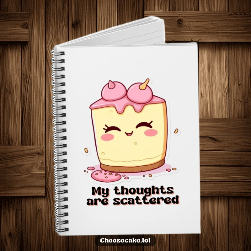 Funny notebook with a cheesecake character winking and spilling confetti-like sprinkles, ready to capture playful thoughts.