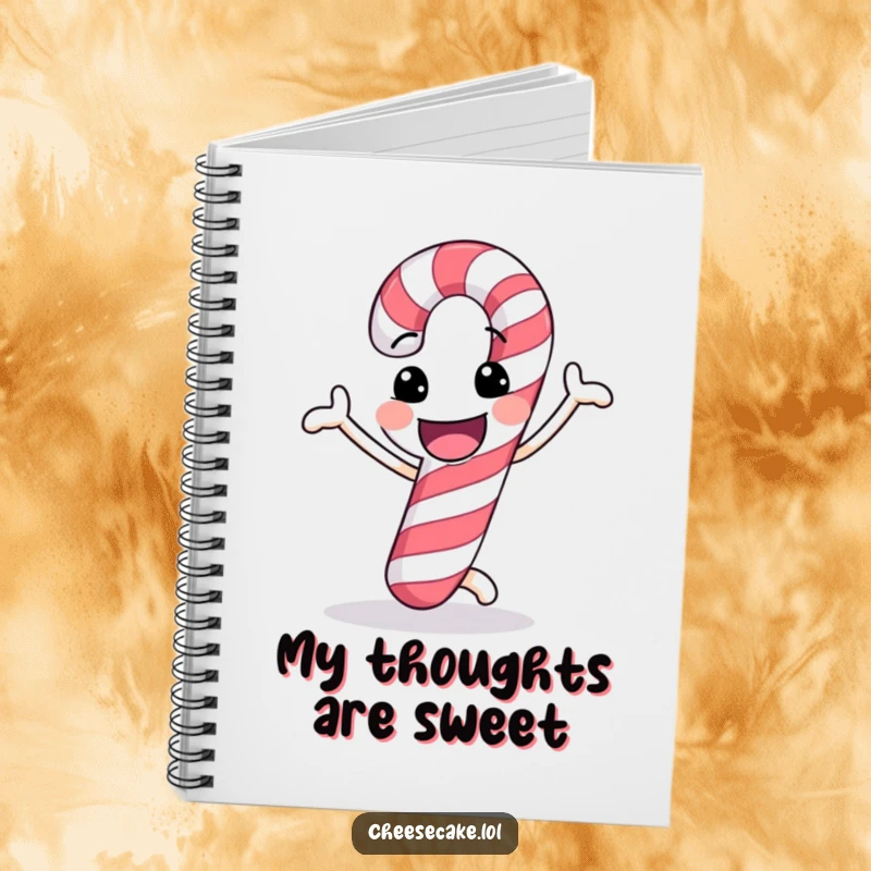 Funny notebook with a cheerful candy cane doing a funny dance, ideal for jotting down holiday ideas.