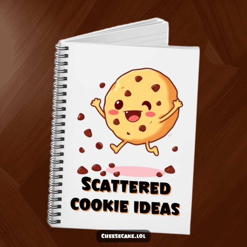Funny notebook with a jumping cookie and scattering chocolate chips, ideal for jotting down ideas with a sweet and cheerful theme.