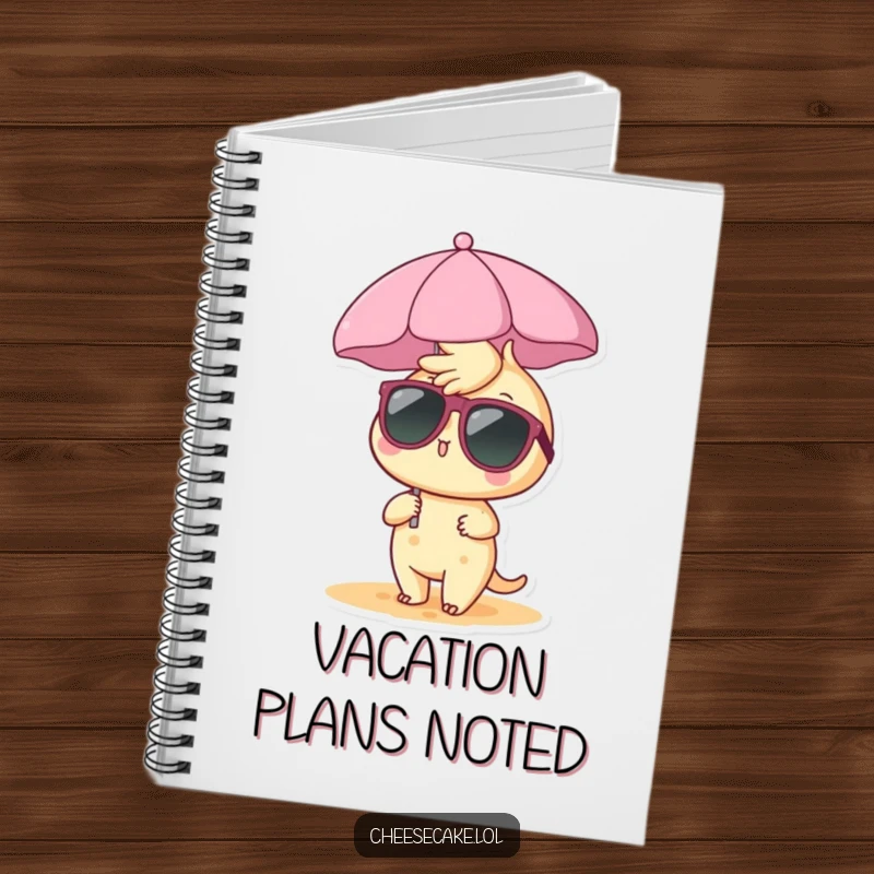 Funny cheesecake notebook with a relaxed cheesecake character under a tiny beach umbrella, perfect for notes and vacation plans.