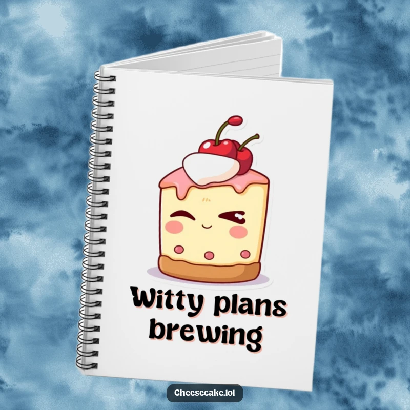 Funny notebook featuring a cheesecake character with a cherry on top, winking slyly for note-taking.
