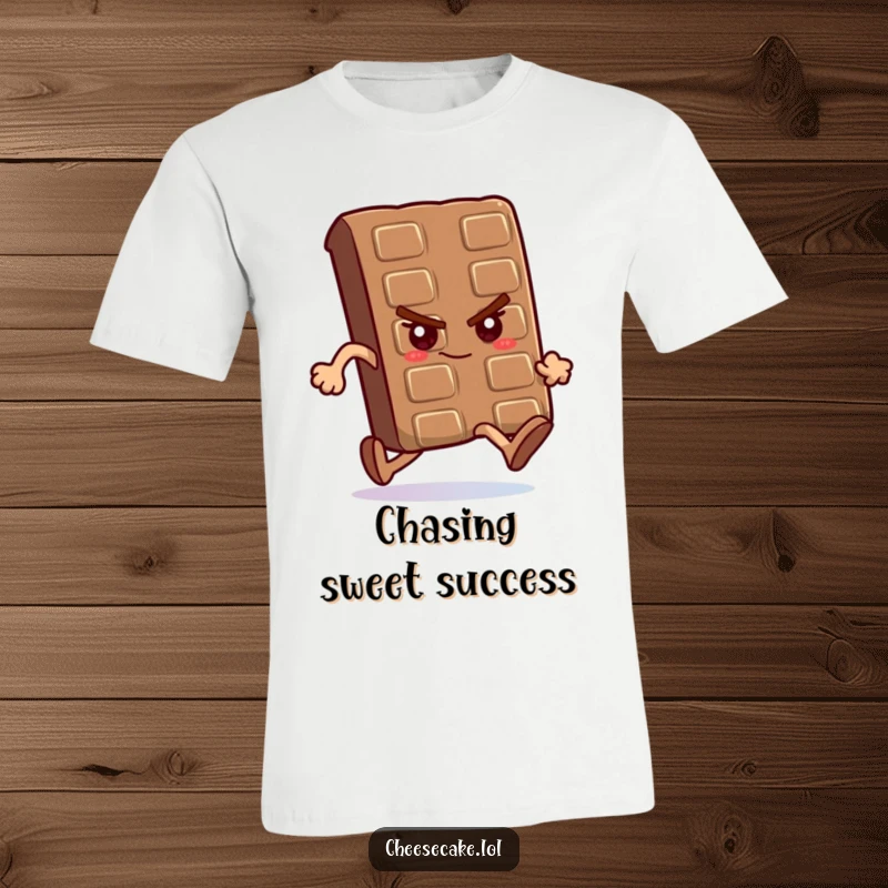Funny t-shirt with a chocolate bar showing a determined expression while running a race, perfect for active people.