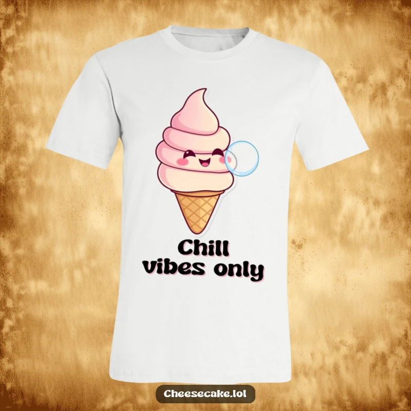 Funny t-shirt featuring a happy ice cream swirl in a cone blowing a bubble, celebrating summer and sweet fun.