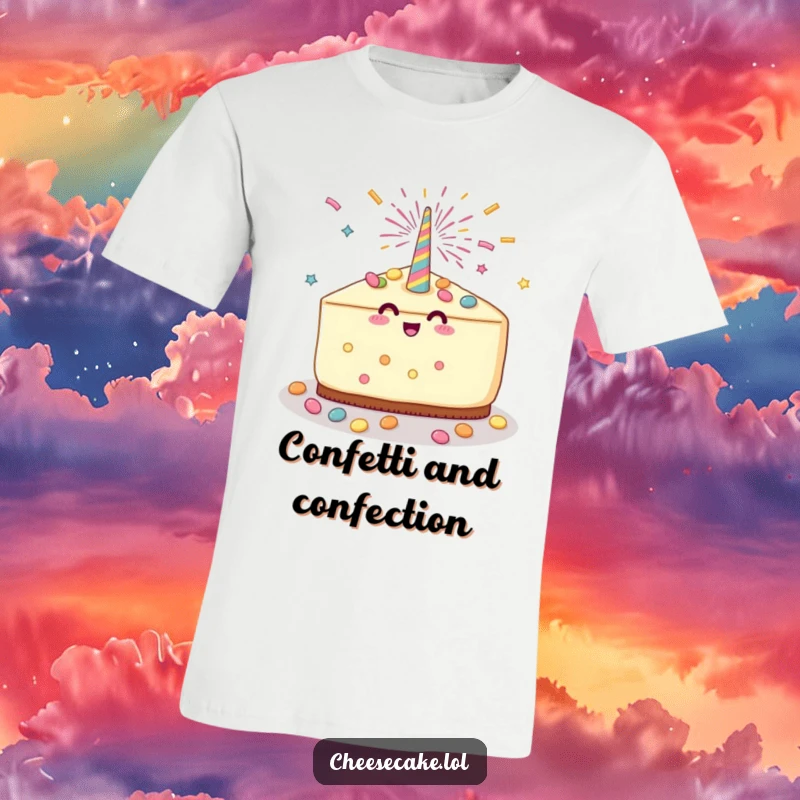 Funny Cheesecake Party T-Shirt depicting a cheesecake slice with a party popper exploding and showering in candy, a vibrant and celebratory design.