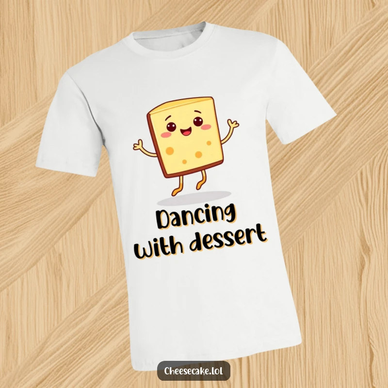 Funny smiling cheesecake slice with little legs doing a happy dance on a t-shirt, a fantastic funny gift.