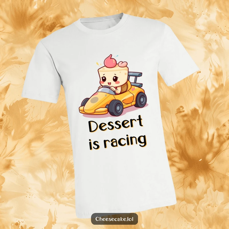 Funny T-Shirt: A cheesecake in a miniature race car zooms forward with fierce determination. Perfect for dessert and motorsport enthusiasts.