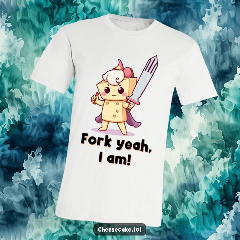 Funny t-shirt with a cheesecake as a knight, holding a giant fork like a sword, looking brave and ready for culinary battles.