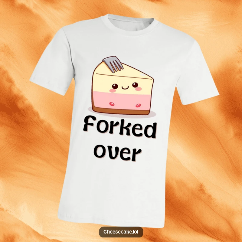 Funny cheesecake slice t-shirt with a fork halfway into its side, expressing delighted surprise and humor.