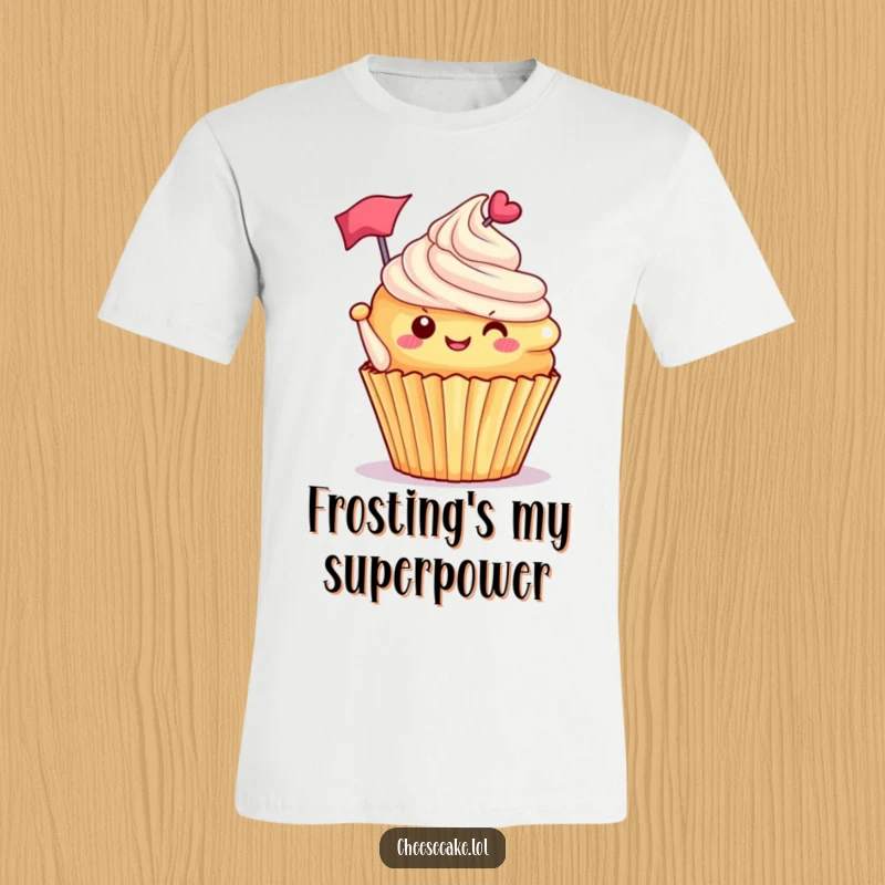 Funny delighted cupcake with frosting tipped, waving a tiny flag, a cheerful and sweet design for a humorous t-shirt.