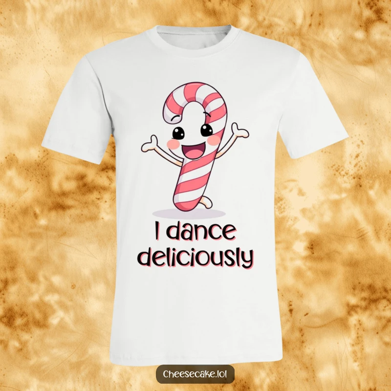 Funny t-shirt with a cheerful candy cane doing a funny dance, perfect for spreading holiday cheer.
