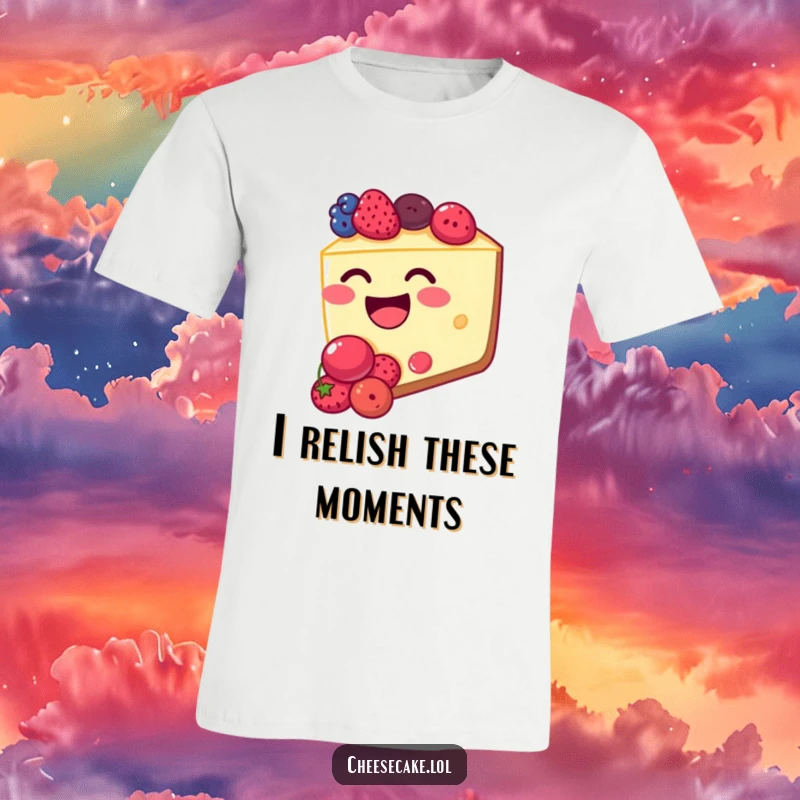 Funny cheesecake t-shirt featuring a happy, berry-filled cheesecake slice giggling with pure joy. Ideal for dessert fans.