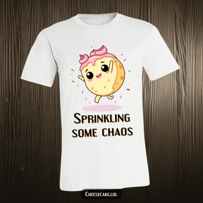 Funny t-shirt featuring a cheesecake performing an energetic cartwheel, scattering colorful sprinkles, embodying joyous chaos and fun.