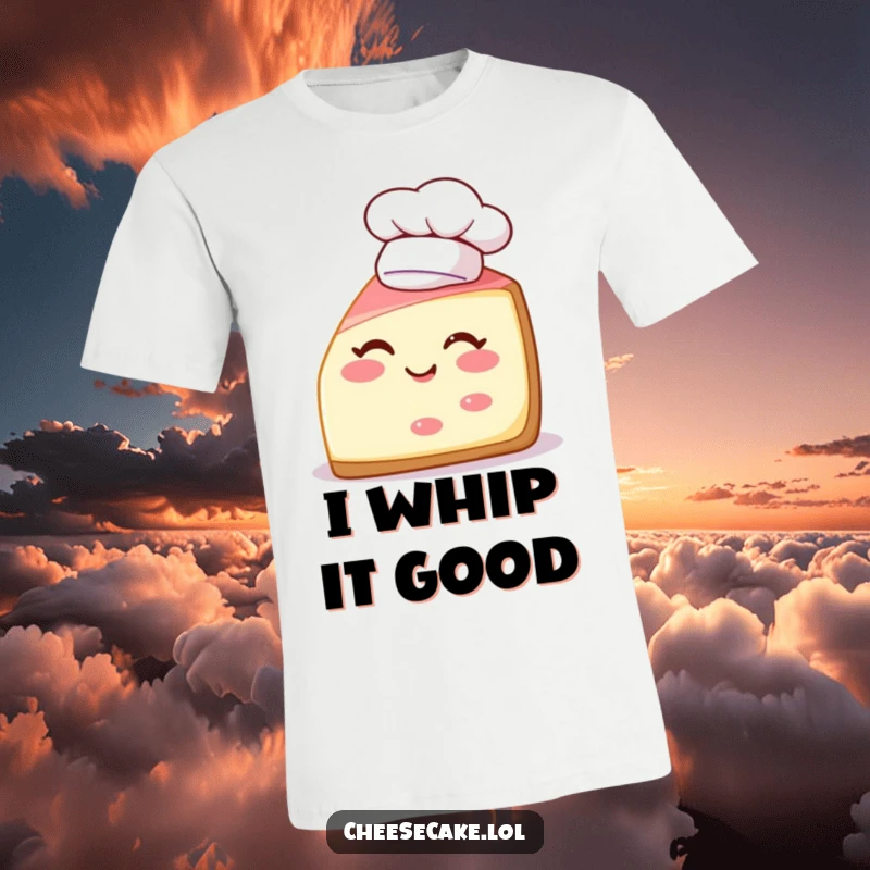 Funny t-shirt of a cheerful cheesecake slice winking and wearing a chef hat, symbolizing baking and dessert joy.