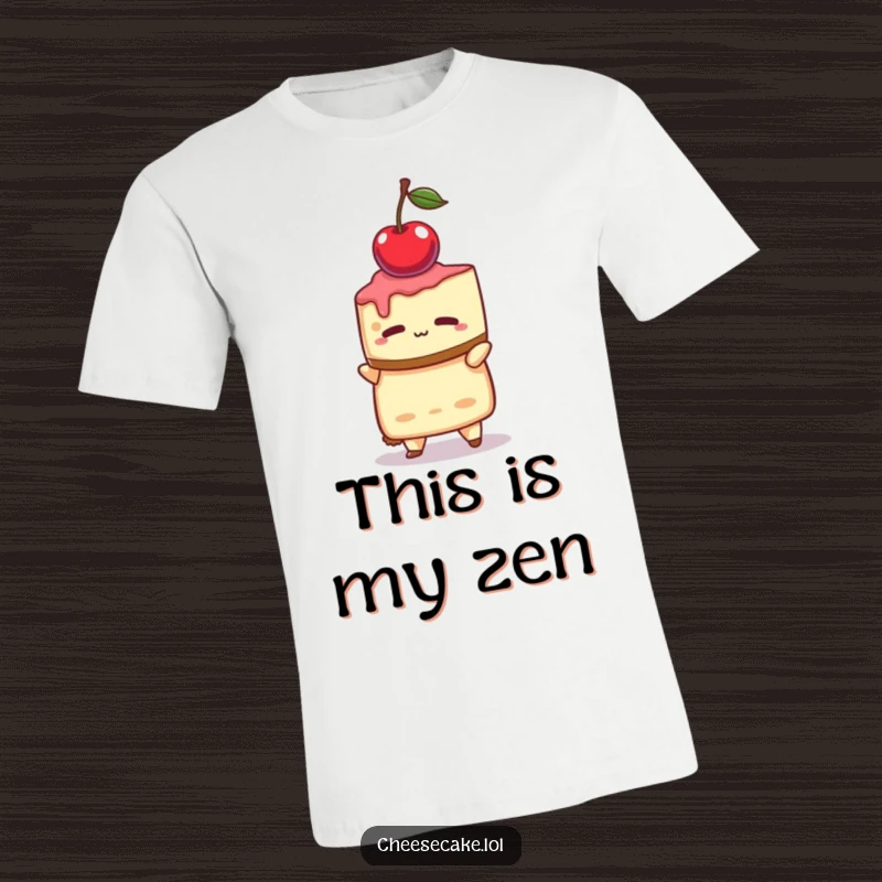 Funny t-shirt depicting a cheesecake character with a look of intense concentration, balancing a single cherry on top.