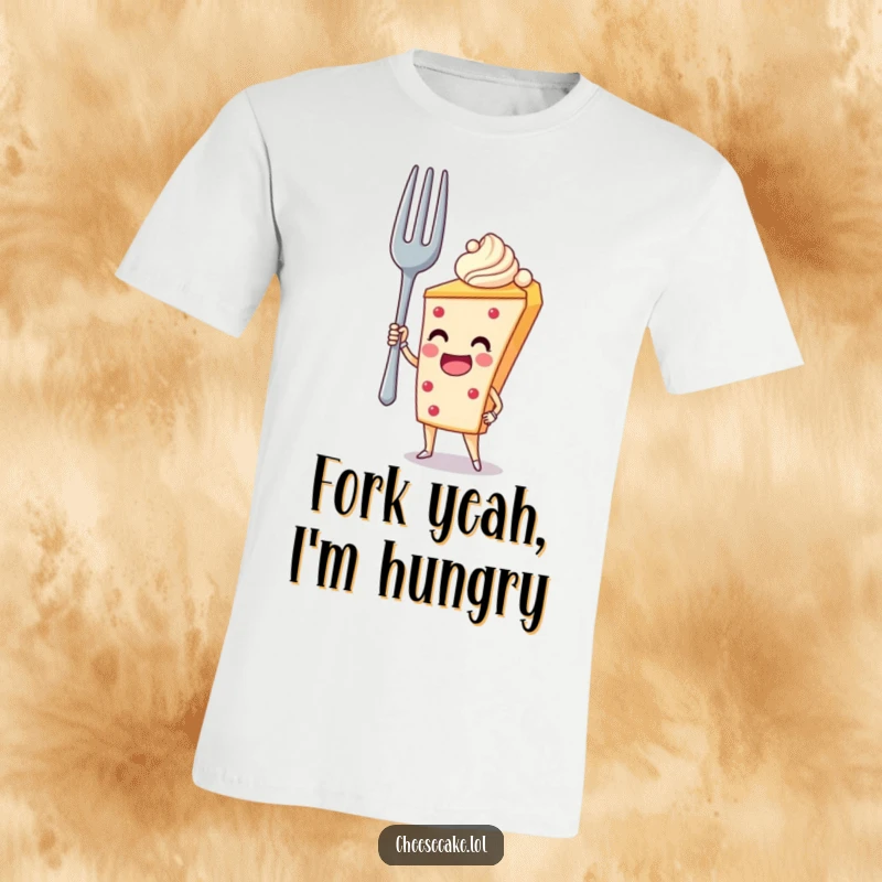 Funny T-Shirt: A cheesecake character acts as a hero, holding up a colossal fork, a funny declaration.