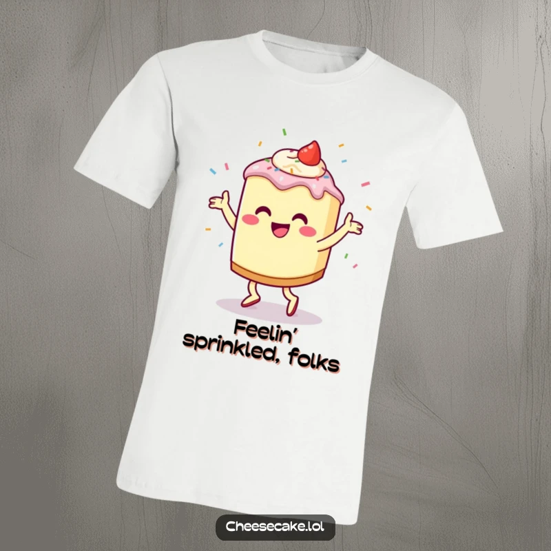 Funny Cheesecake Jig T-Shirt showing a cheerful cheesecake character dancing with sprinkles flying, a vibrant and humorous piece of apparel.