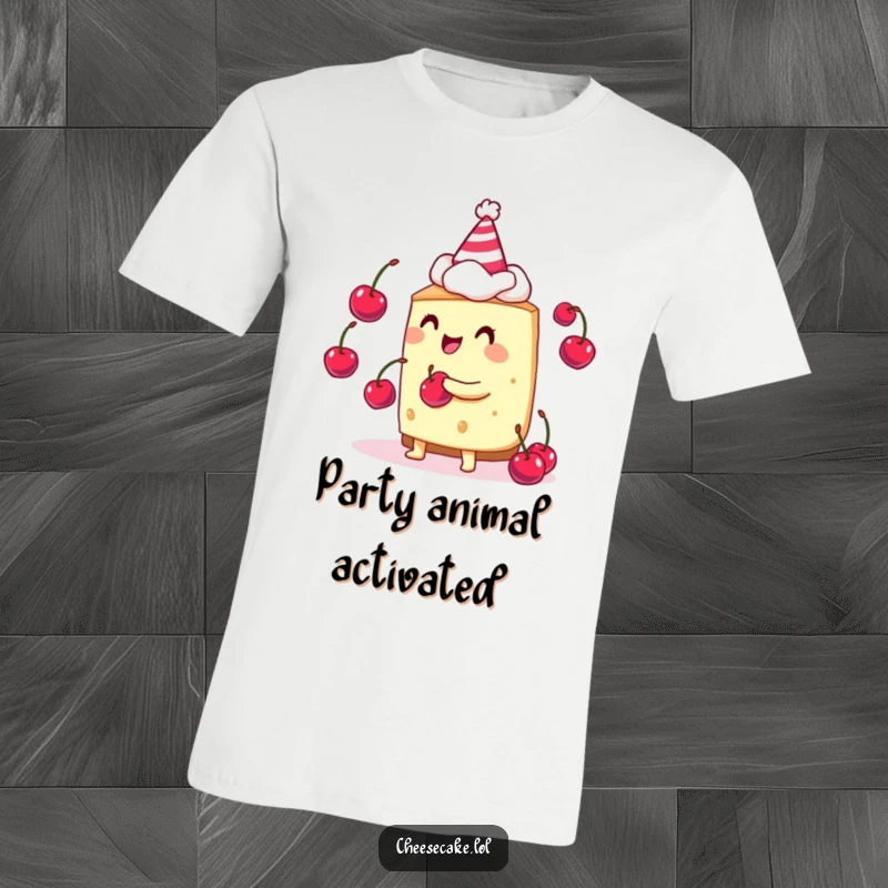 Funny cheesecake juggler t-shirt depicting a cheesecake in a party hat, skillfully juggling small cherries.