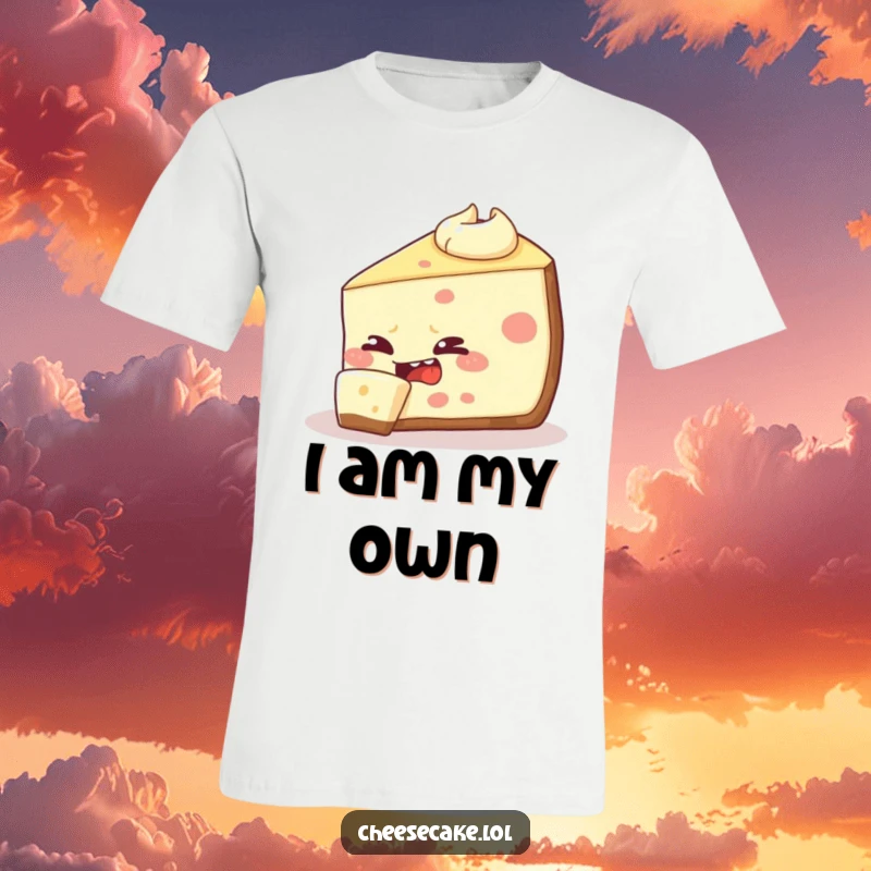 Funny cheesecake slice t-shirt graphic, depicted as mischievously biting its own edge, a humorous and paradoxical dessert character.