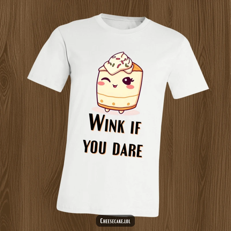 Funny T-Shirt: A cheesecake character with a sly wink and scattered sprinkles, exuding playful mischief.
