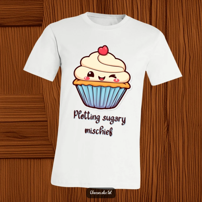 Funny T-Shirt depicting a smiling cupcake character with a mischievous wink, embodying playful charm and sweet delight.