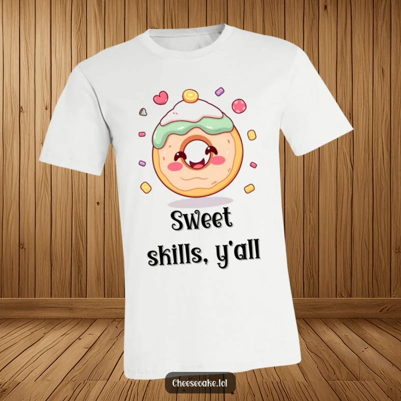 Funny donut t-shirt showing a smiling donut with frosting juggling small candies, a hilarious food joke.