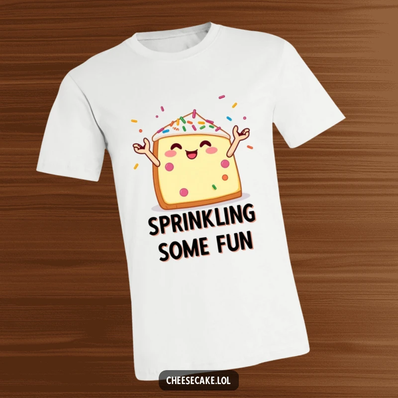 Funny t-shirt showcasing a cheerful cheesecake wedge with tiny arms juggling a vibrant cascade of colorful sprinkles, pure dessert joy.