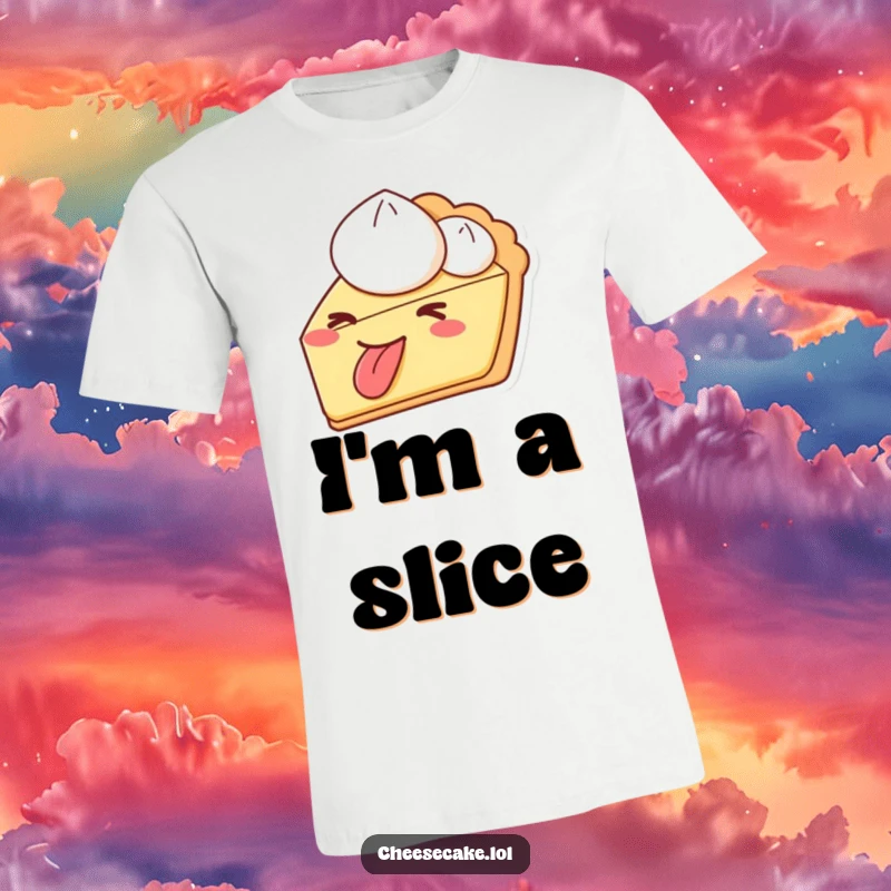 Funny pie t-shirt showing a slice of pie winking and sticking its tongue out playfully, a humorous food design.