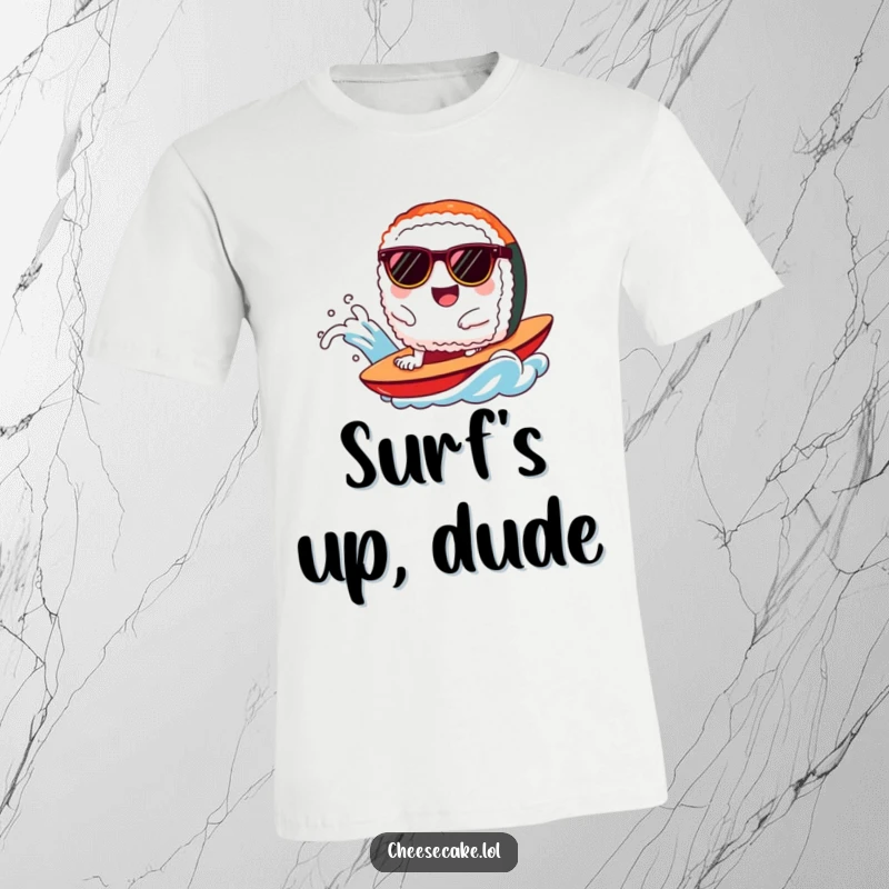 Funny sushi t-shirt featuring a happy sushi piece in sunglasses surfing a wave with glee.