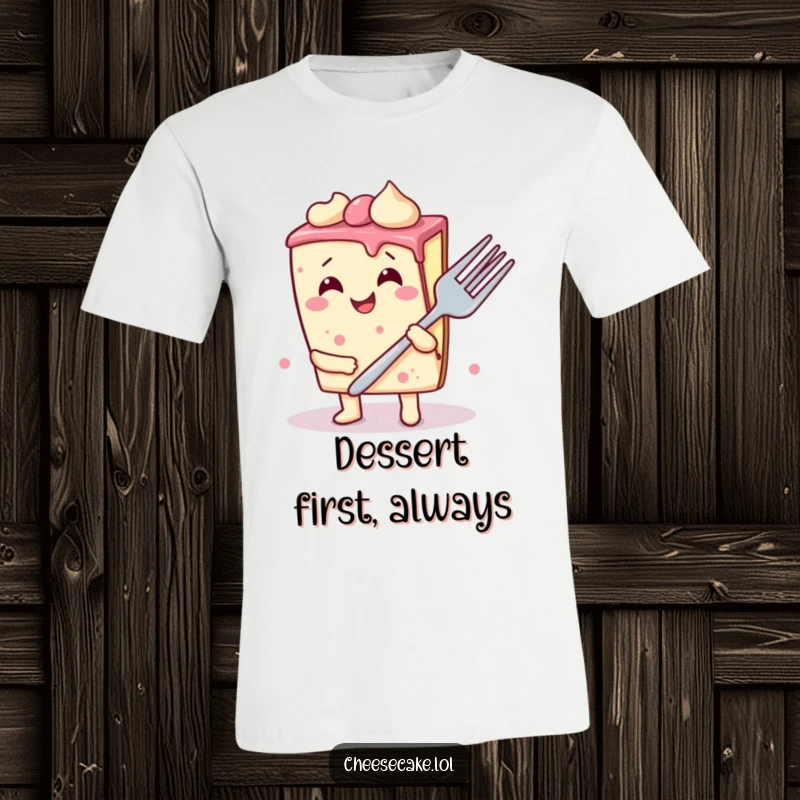 Funny cheesecake slice t-shirt graphic, depicted as wobbly and giggling gleefully while brandishing a comically large fork, a true dessert delight.