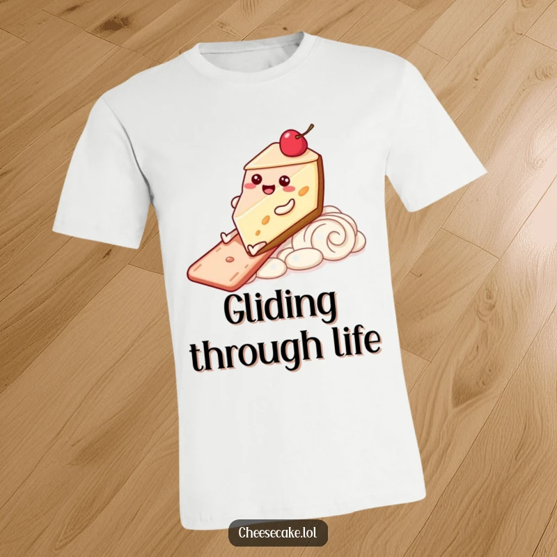 Funny T-Shirt depicting a slice of cheesecake with legs happily sliding down a luscious frosting slide. Pure dessert joy!