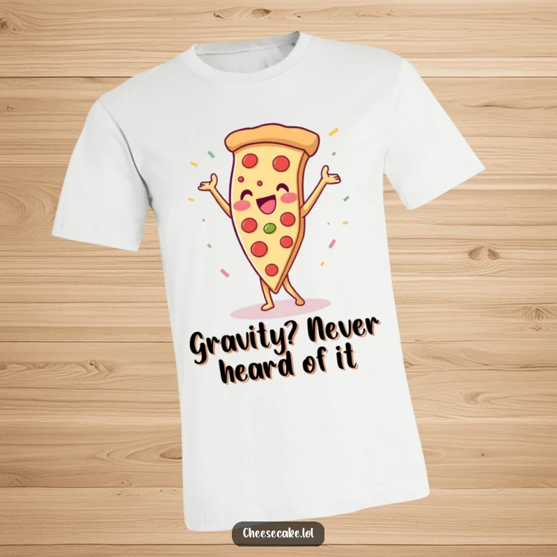 Funny pizza slice doing a handstand with confetti, a celebratory and energetic design for a humorous t-shirt.