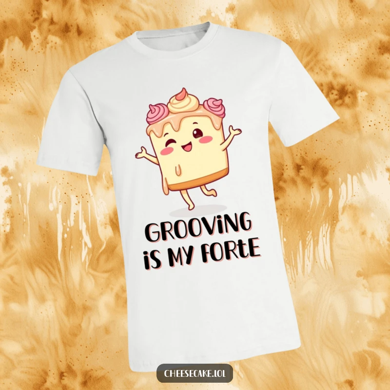 Funny cheesecake dancing t-shirt with a frosting-covered cheesecake character doing a goofy dance.