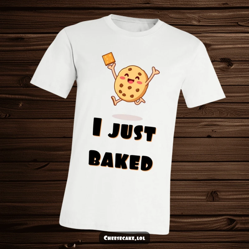 Funny cookie t-shirt depicting a happy, baked cookie jumping triumphantly, celebrating culinary success.