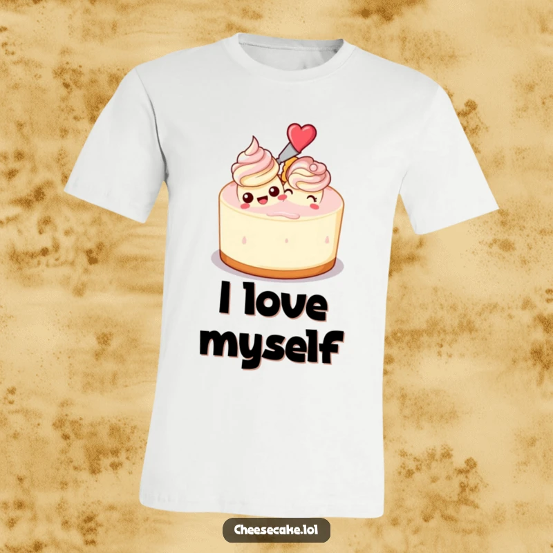 Funny t-shirt with a cheesecake applying frosting to another cheesecake, showcasing a humorous and joyful baking moment.