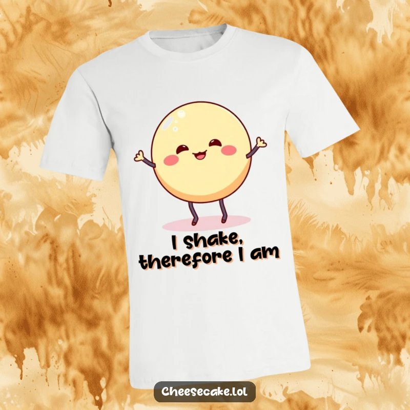 Funny t-shirt showcasing a wobbly cheesecake round with stick legs doing a silly dance jig, full of dessert joy and rhythm.