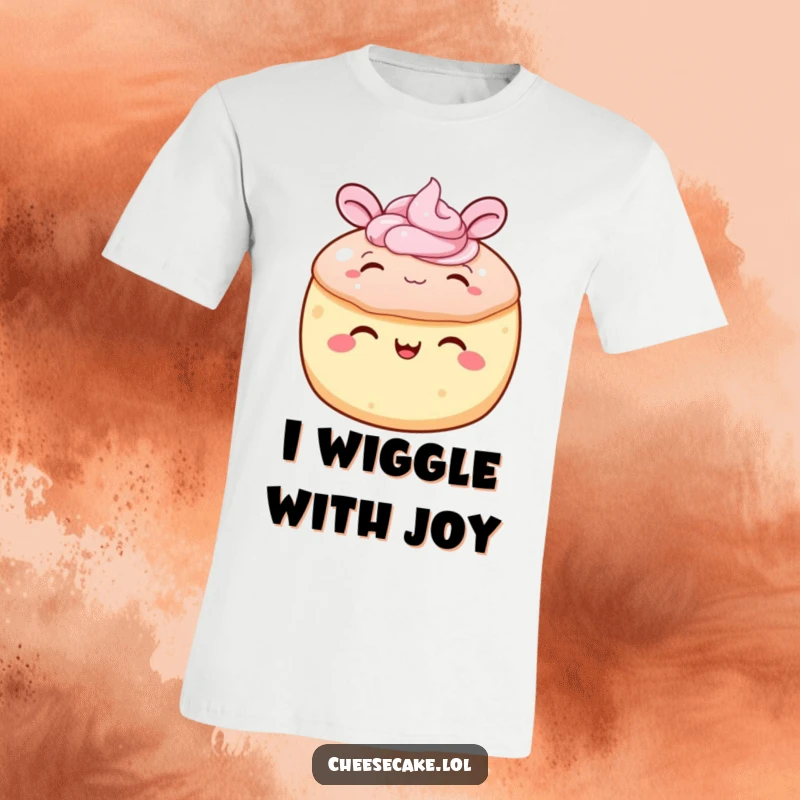 Funny cake t-shirt depicting a round cake with frosting joyfully wiggling its ears, showcasing a delightful and humorous celebration.