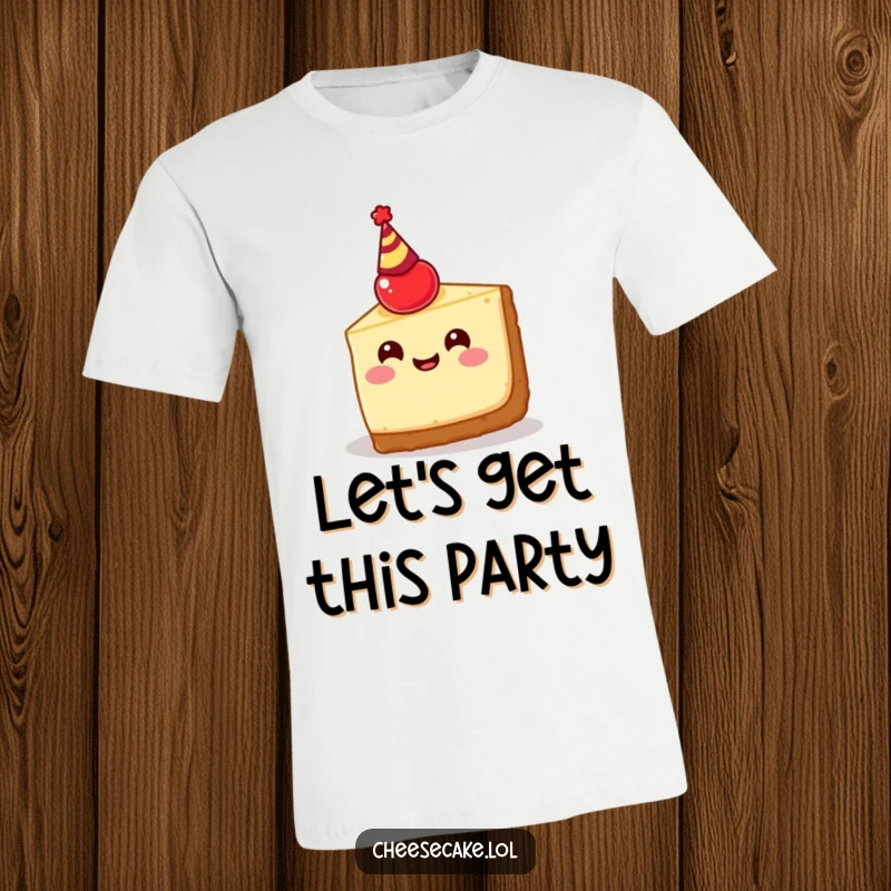 Funny cheesecake slice t-shirt graphic, depicting a happy dessert wearing a cherry party hat, radiating celebratory cheer.