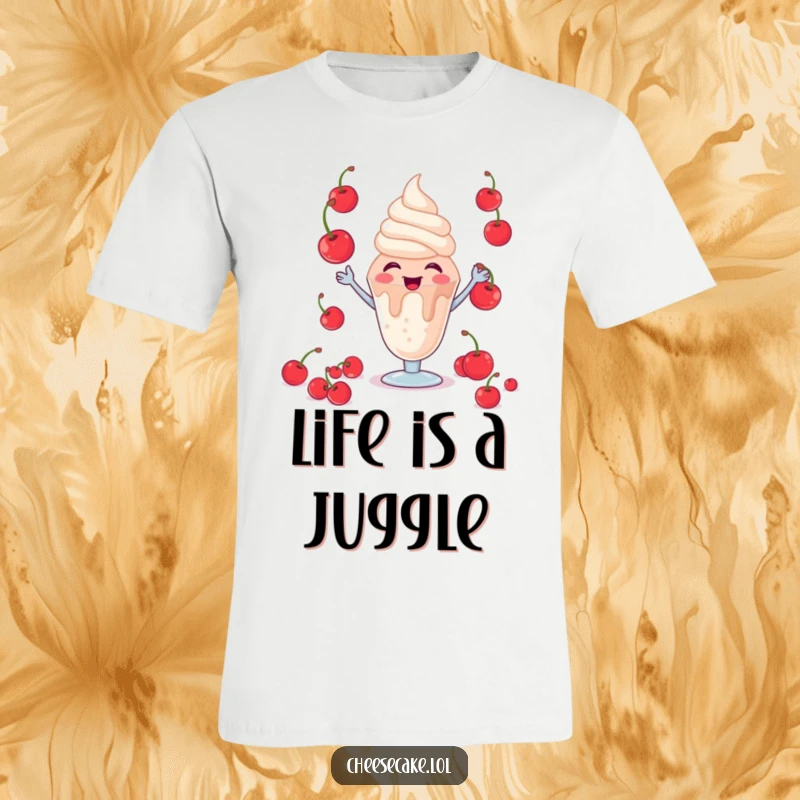 Funny Giggling Sundae T-Shirt: A vibrant tee featuring a happy sundae character busily juggling cherries with a big giggle.