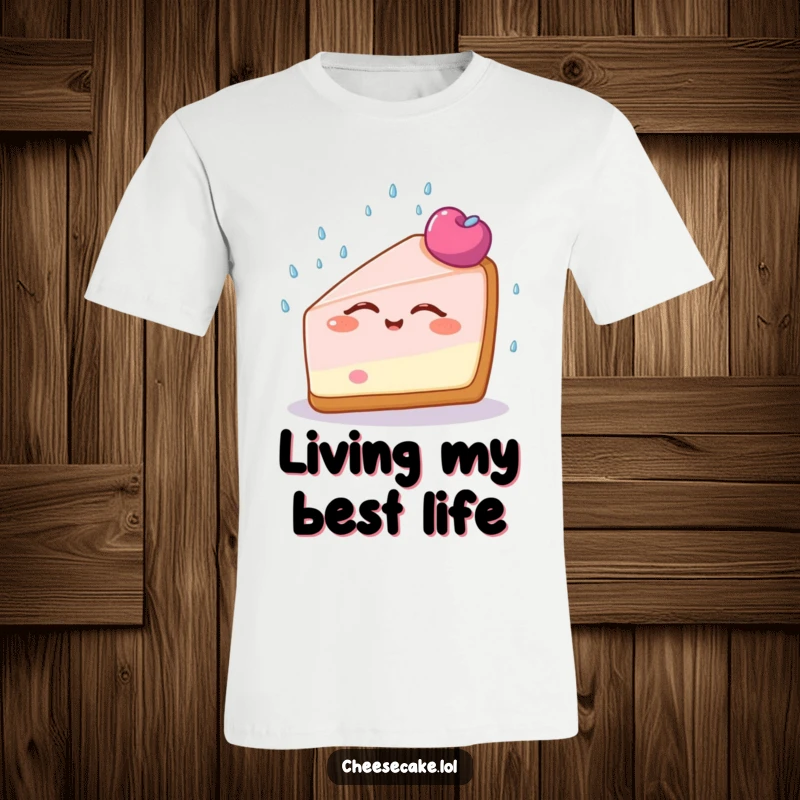 Funny Cheesecake Bliss T-Shirt showing a happy cheesecake slice with eyes closed, enjoying a sprinkle shower, a symbol of pure happiness.