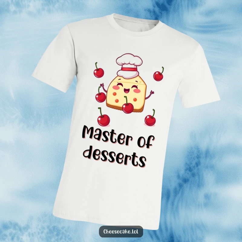 Funny t-shirt depicting a cheesecake slice in a chef hat, expertly juggling cherries, showcasing culinary talent with humor.
