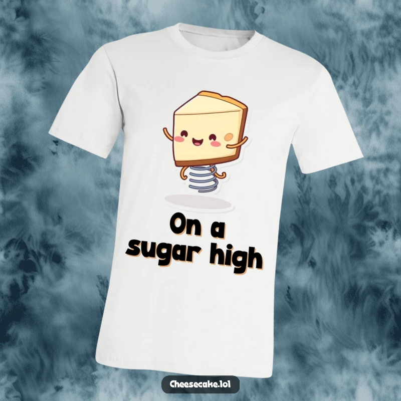 Funny t-shirt displaying a smiling slice of cheesecake with little legs happily bouncing high on a spring, exuding pure dessert joy.