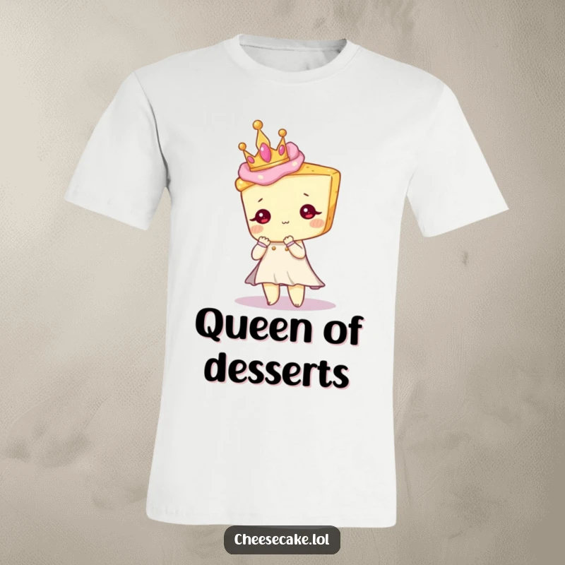 Funny t-shirt depicting an elegant cheesecake character adorned with a tiny crown, exuding sweet sophistication.