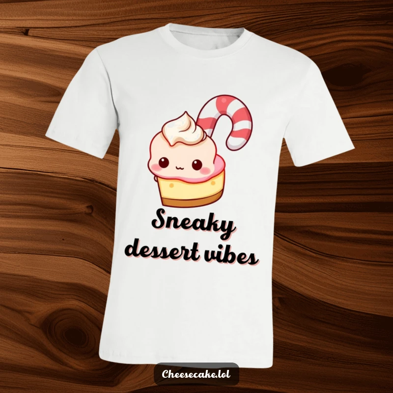 Funny T-Shirt: Cheesecake character peeking mischievously from behind a large candy cane, festive and sweet.