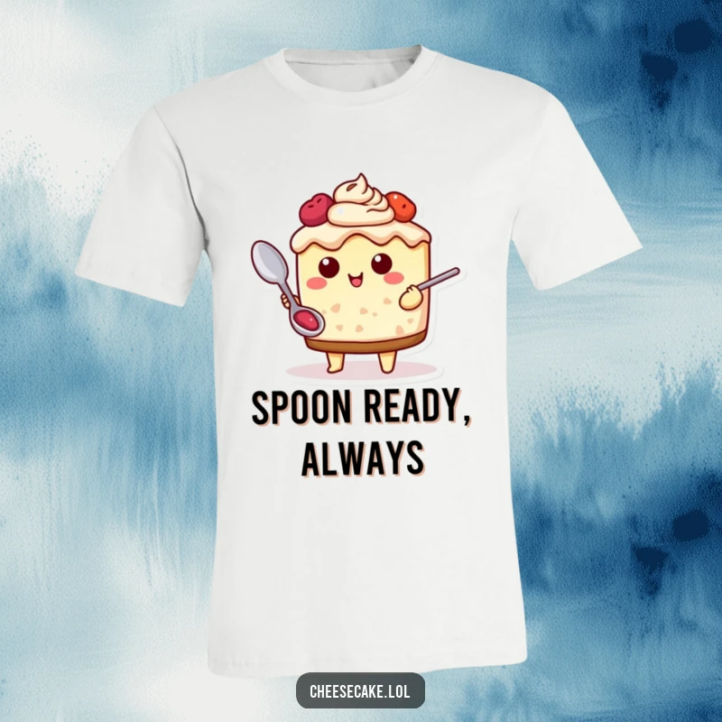 Funny Cheesecake Adventure T-Shirt showing a cheesecake character with a spoon, poised for a delicious exploration, ideal for foodies.