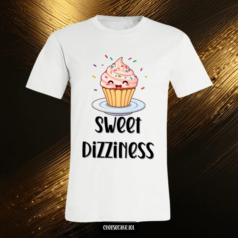 Funny Excited Cupcake T-Shirt: A cupcake with colorful sprinkles spinning energetically on a plate, full of sweet delight.