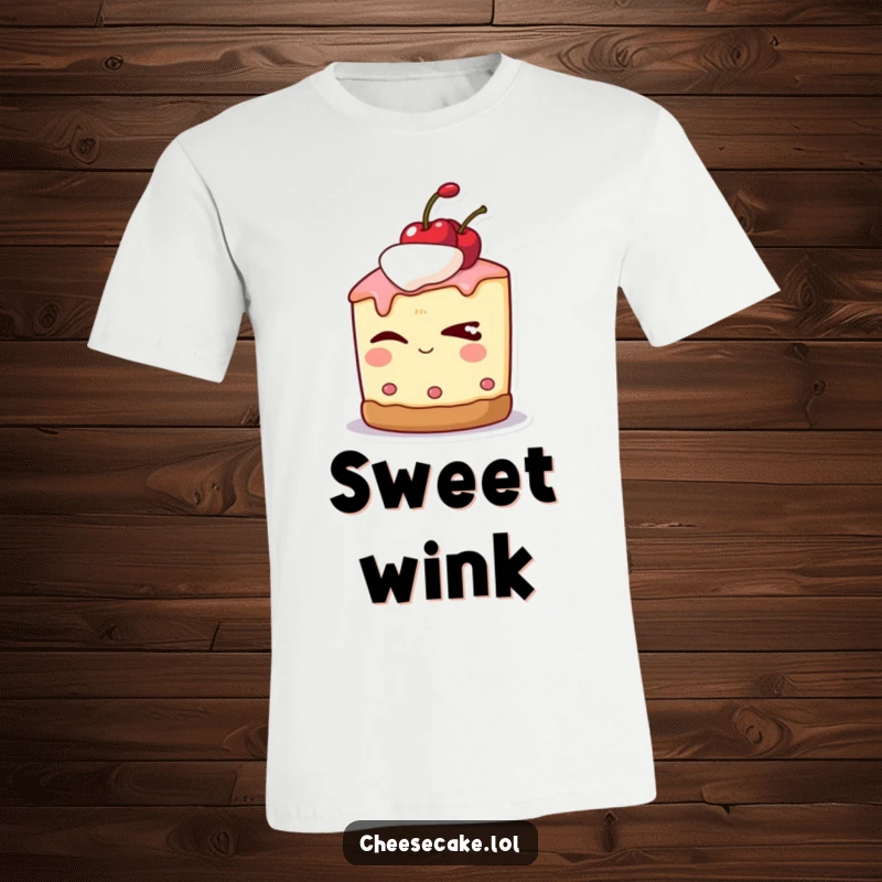 Funny t-shirt depicting a cheesecake character with a cherry on top, winking slyly with a playful smirk.